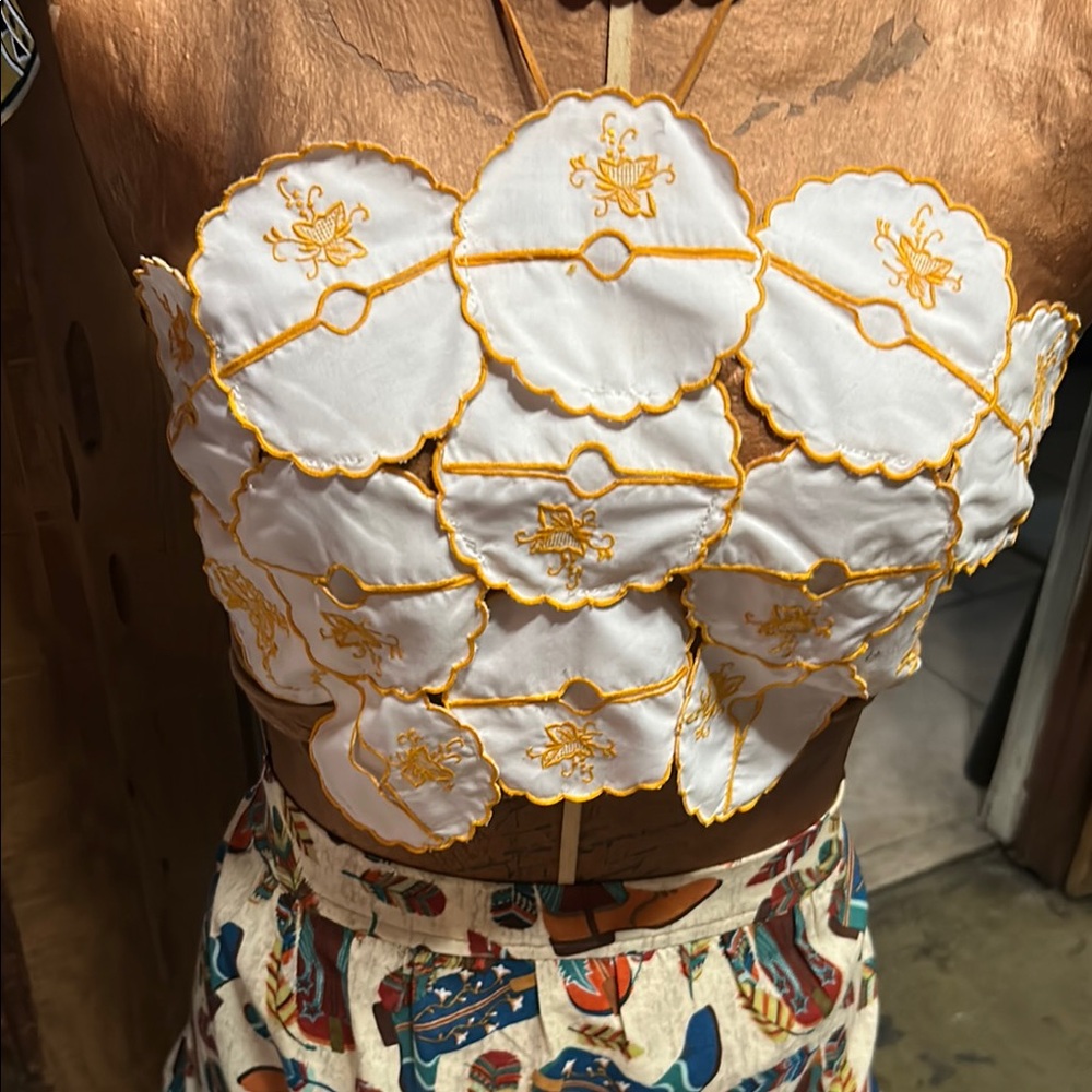Chic White and Yellow Embroidered Crop Top